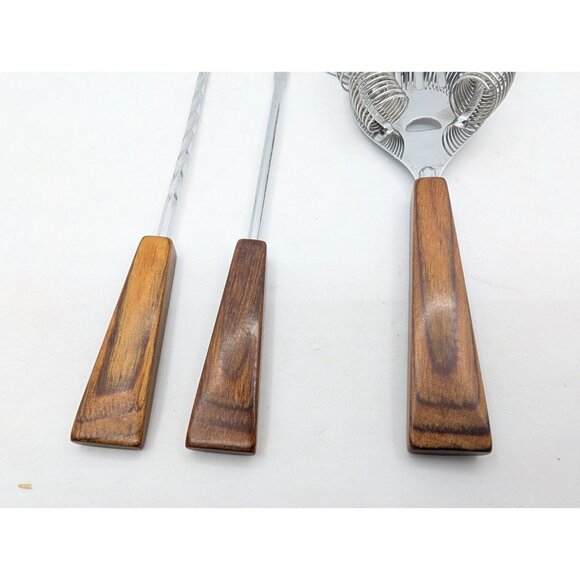 MCM 3 Barware strainer, Stirrer & fork pick faux wood handle bakelite? metal - Picture 7 of 15